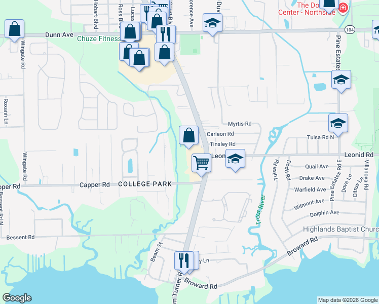 map of restaurants, bars, coffee shops, grocery stores, and more near 10724 Lem Turner Road in Jacksonville