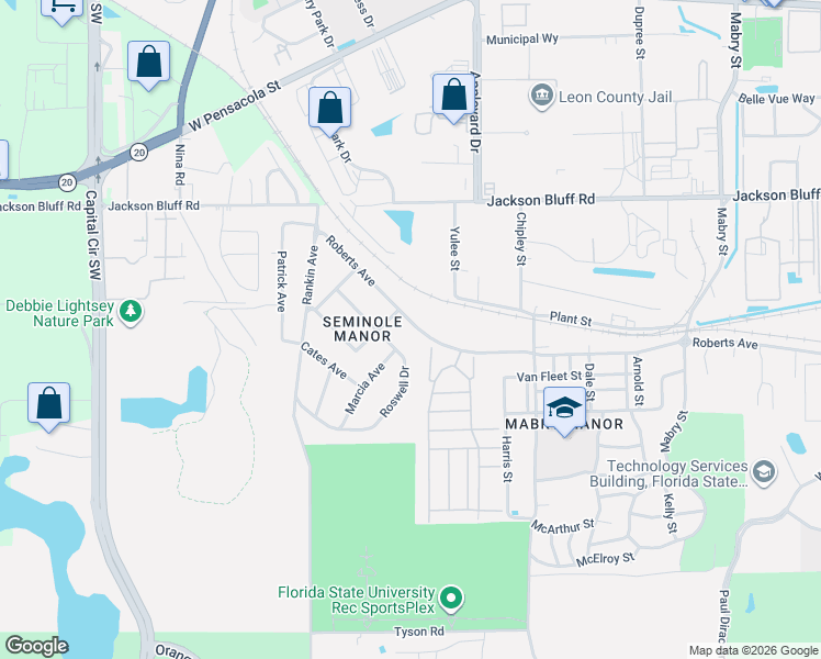 map of restaurants, bars, coffee shops, grocery stores, and more near 3857 Roberts Avenue in Tallahassee