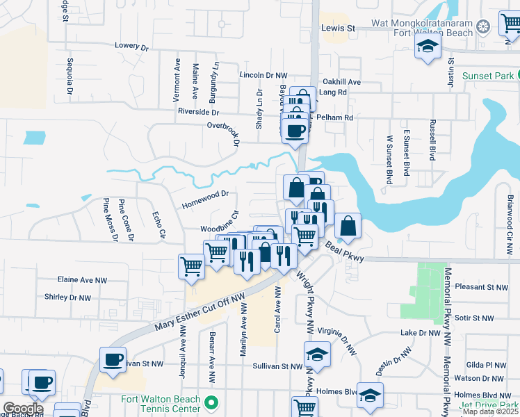 map of restaurants, bars, coffee shops, grocery stores, and more near 618 Gap Creek Drive in Fort Walton Beach