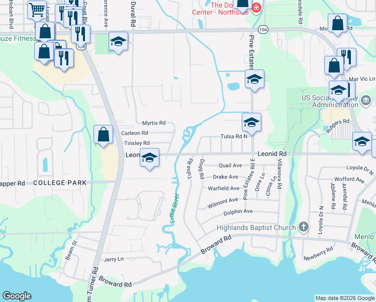 map of restaurants, bars, coffee shops, grocery stores, and more near 2735 Leonid Road in Jacksonville