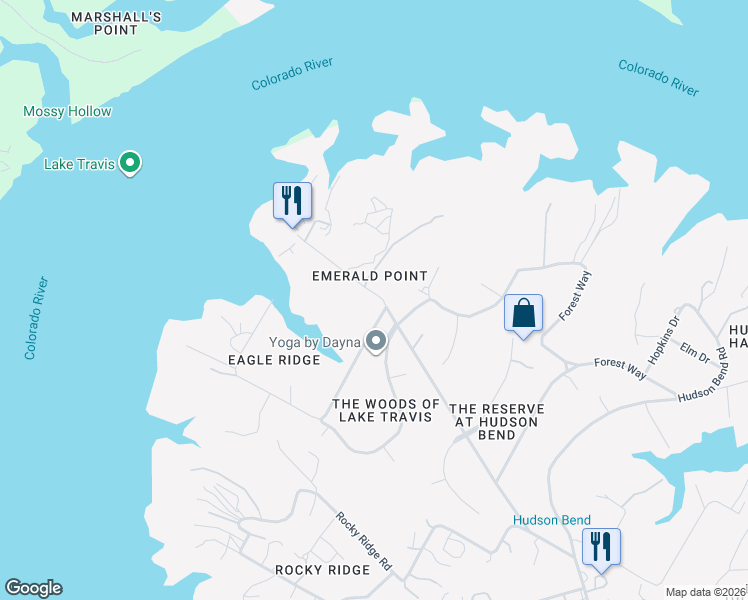 map of restaurants, bars, coffee shops, grocery stores, and more near 5928 Hiline Road in Austin