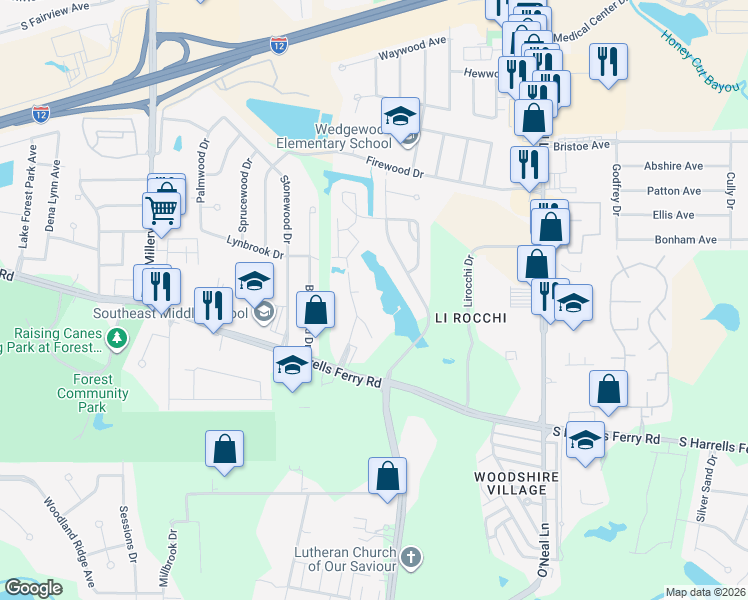 map of restaurants, bars, coffee shops, grocery stores, and more near 2329 Shadowbrook Drive in Baton Rouge