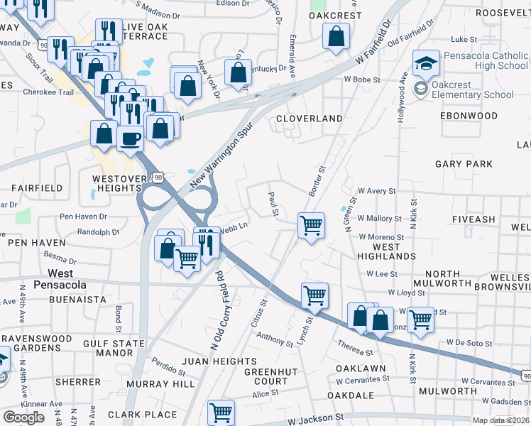 map of restaurants, bars, coffee shops, grocery stores, and more near 113c Paul Street in Pensacola