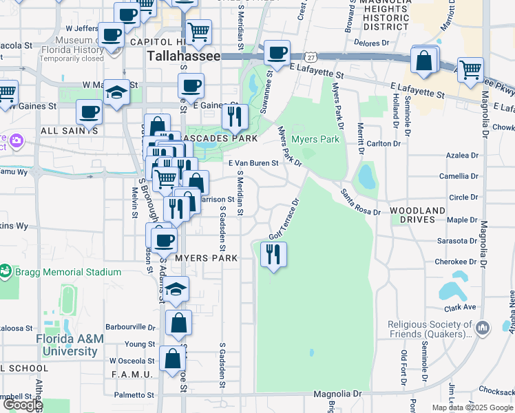 map of restaurants, bars, coffee shops, grocery stores, and more near 1408 Broome Street in Tallahassee