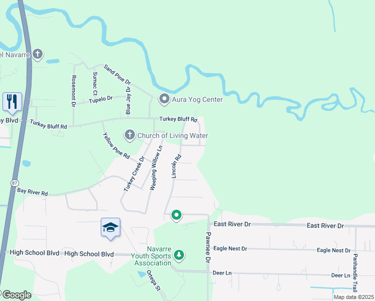 map of restaurants, bars, coffee shops, grocery stores, and more near 8865 Turkey Bluff Road in Navarre