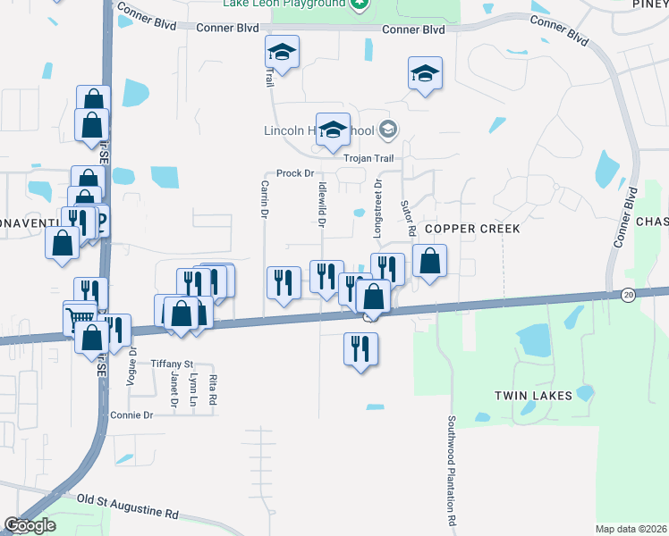 map of restaurants, bars, coffee shops, grocery stores, and more near 1141 Idlewild Drive in Tallahassee