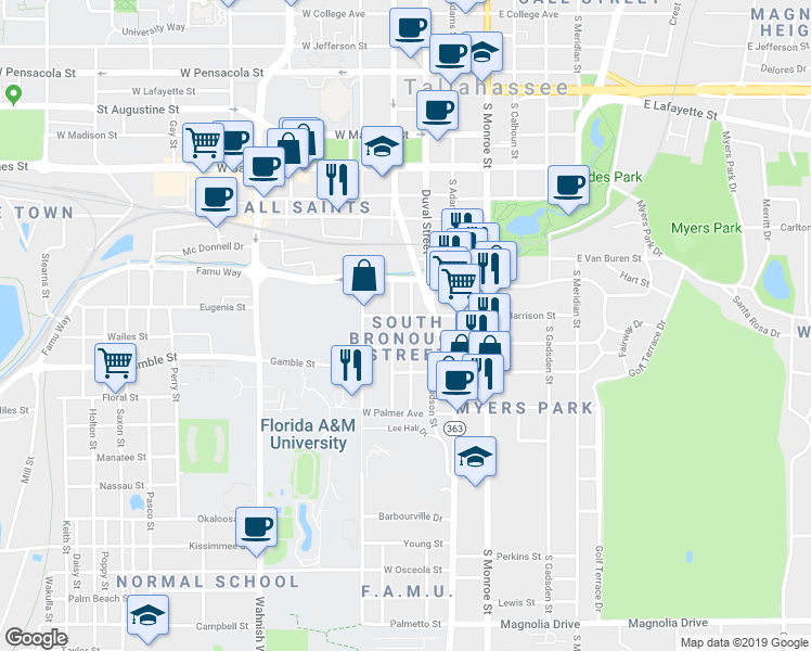 map of restaurants, bars, coffee shops, grocery stores, and more near 1317 Melvin Street in Tallahassee