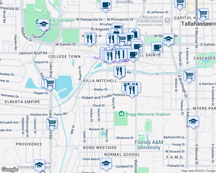 map of restaurants, bars, coffee shops, grocery stores, and more near 1304 Pinellas Street in Tallahassee