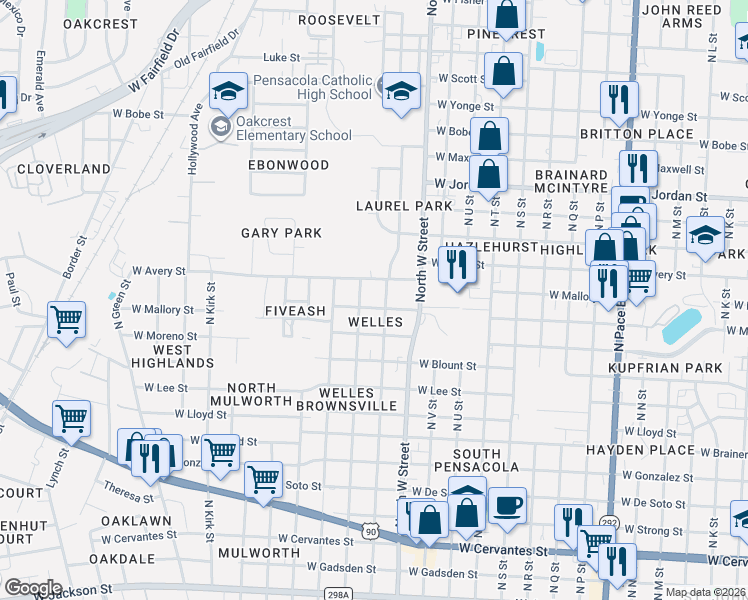 map of restaurants, bars, coffee shops, grocery stores, and more near 1711 North Y Street in Pensacola