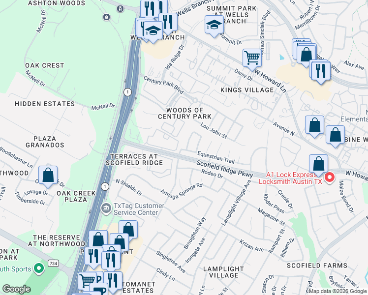 map of restaurants, bars, coffee shops, grocery stores, and more near 13557 Anarosa Loop in Austin