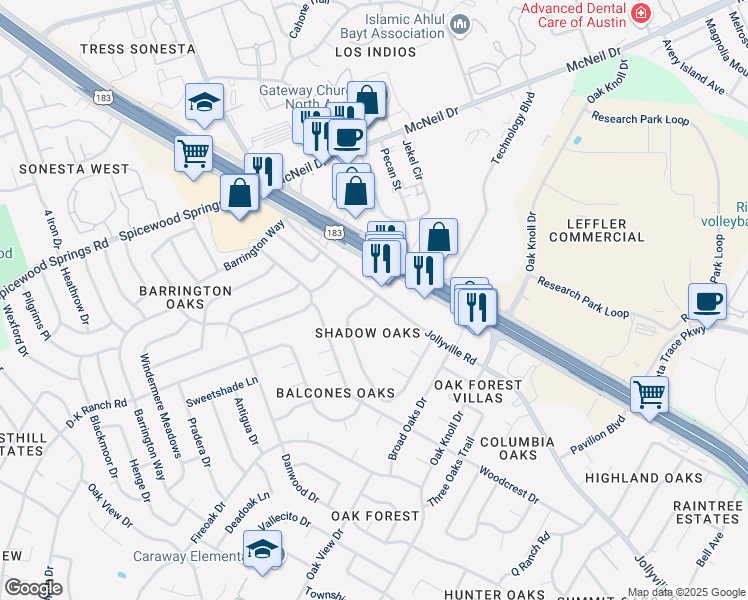 map of restaurants, bars, coffee shops, grocery stores, and more near 12182 Jollyville Road in Austin