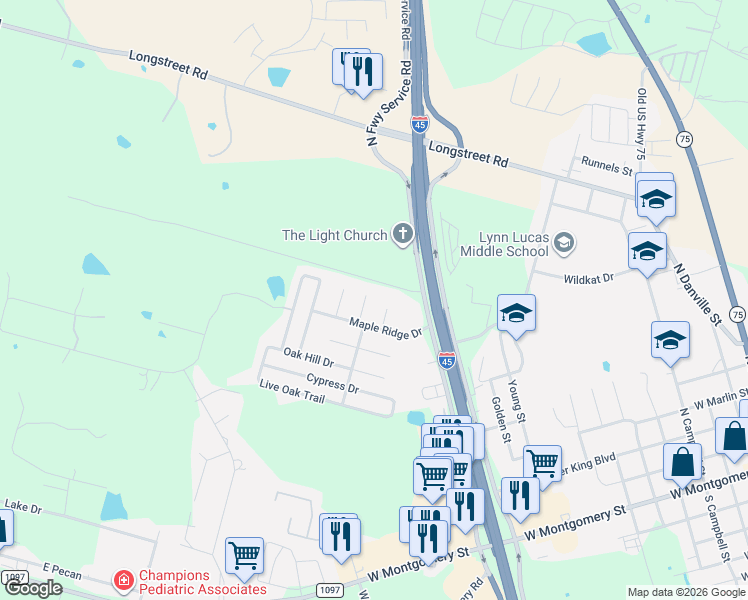map of restaurants, bars, coffee shops, grocery stores, and more near 13073 Aspen Way Court in Willis