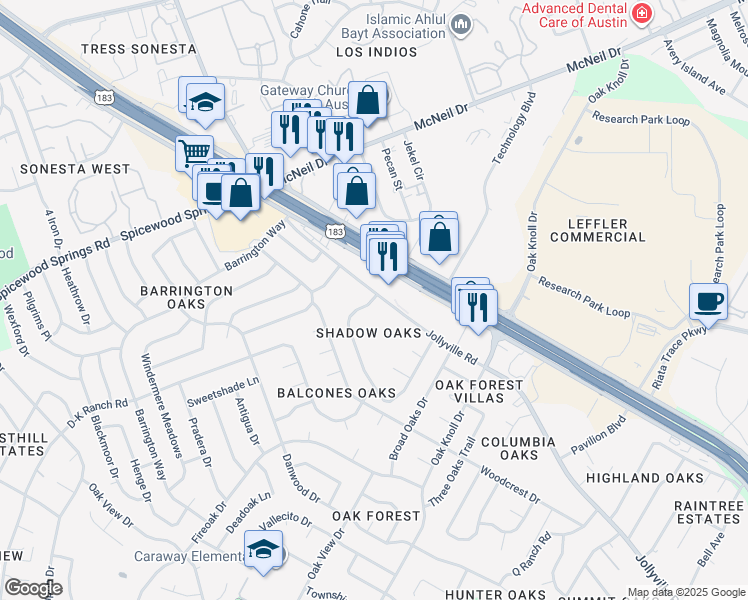 map of restaurants, bars, coffee shops, grocery stores, and more near 12182 Jollyville Road in Austin