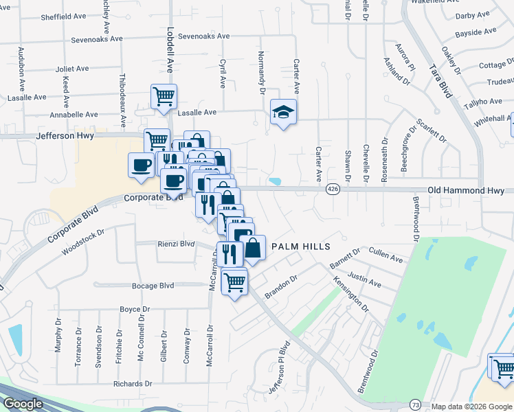 map of restaurants, bars, coffee shops, grocery stores, and more near 2120 Rue Bienvenue in Baton Rouge