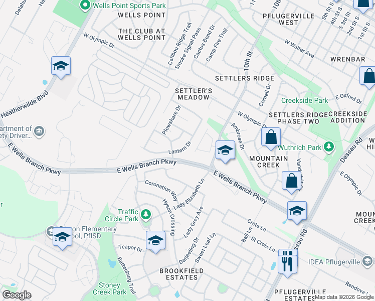 map of restaurants, bars, coffee shops, grocery stores, and more near 15005 Lantern Drive in Pflugerville