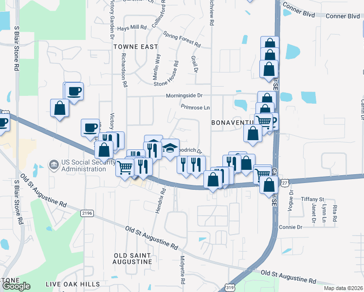 map of restaurants, bars, coffee shops, grocery stores, and more near 2928 Woodrich Drive in Tallahassee