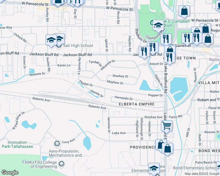 map of restaurants, bars, coffee shops, grocery stores, and more near 1665 Mayhew Street in Tallahassee