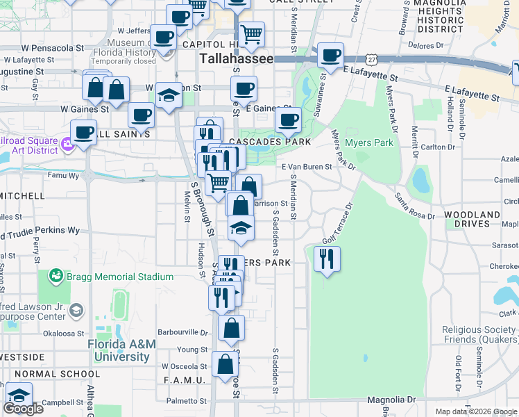 map of restaurants, bars, coffee shops, grocery stores, and more near 251 East Harrison Street in Tallahassee