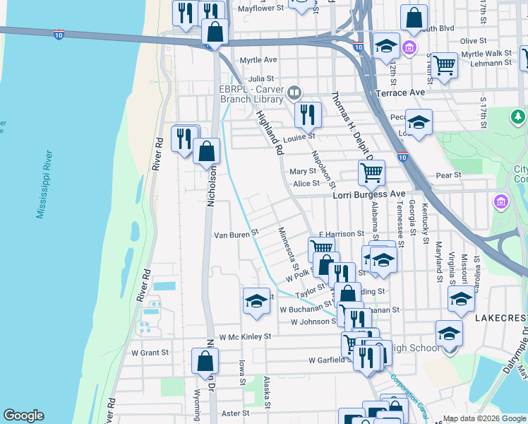 map of restaurants, bars, coffee shops, grocery stores, and more near 229 West Washington Street in Baton Rouge