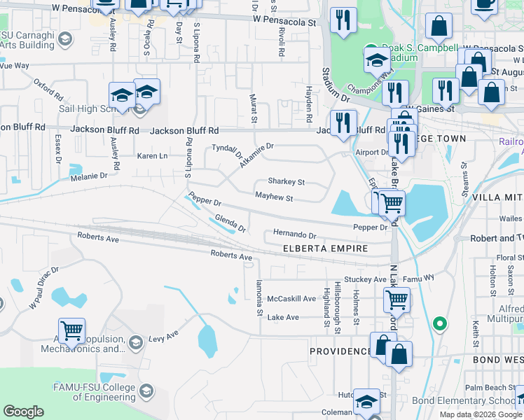 map of restaurants, bars, coffee shops, grocery stores, and more near 1665 Mayhew Street in Tallahassee