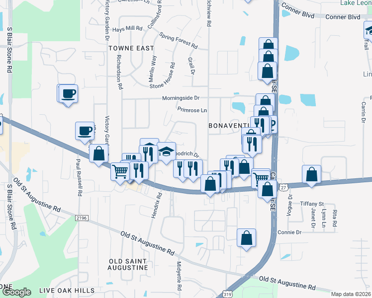 map of restaurants, bars, coffee shops, grocery stores, and more near 2956 Woodrich Drive in Tallahassee