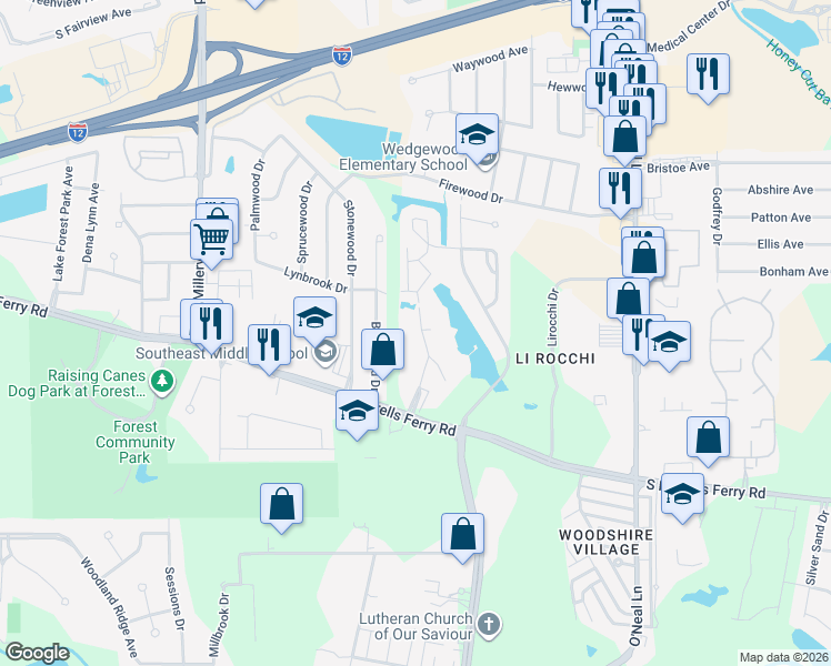 map of restaurants, bars, coffee shops, grocery stores, and more near 2329 Shadowbrook Drive in Baton Rouge