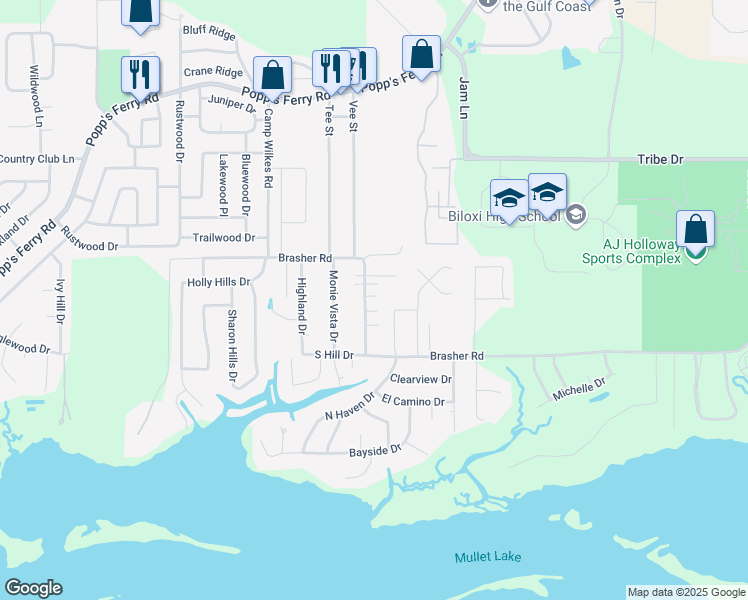 map of restaurants, bars, coffee shops, grocery stores, and more near 2016 Brasher Road in Biloxi