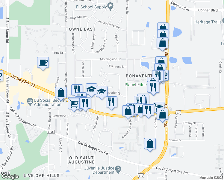 map of restaurants, bars, coffee shops, grocery stores, and more near 2944 Woodrich Drive in Tallahassee