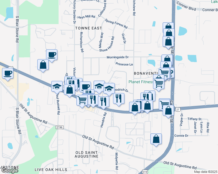 map of restaurants, bars, coffee shops, grocery stores, and more near 1225 Cross Creek Circle in Tallahassee
