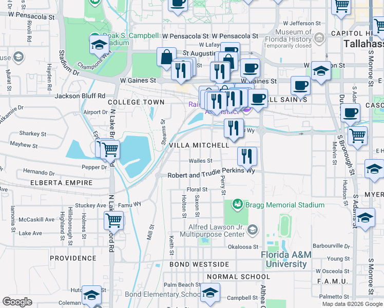 map of restaurants, bars, coffee shops, grocery stores, and more near 727 Eugenia Street in Tallahassee