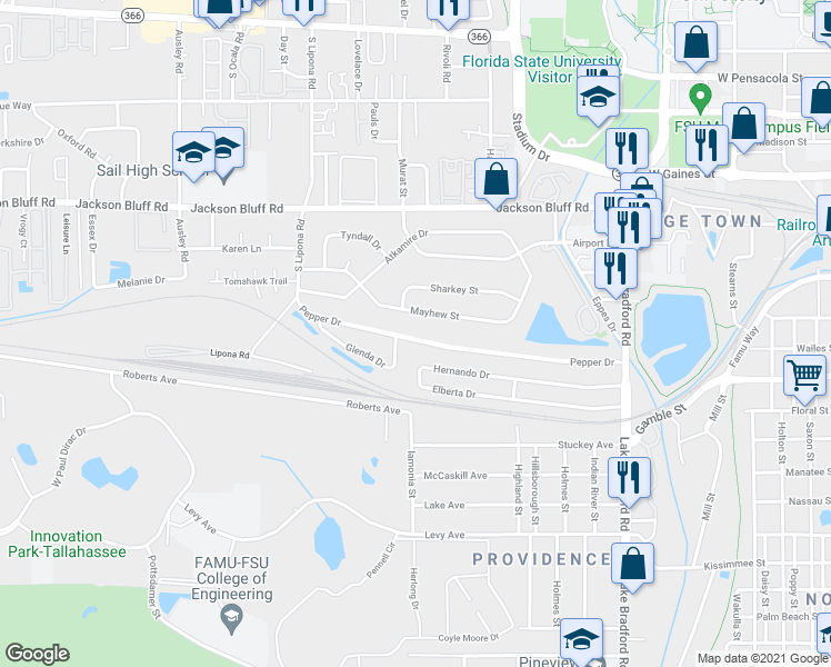 map of restaurants, bars, coffee shops, grocery stores, and more near 1665 Mayhew Street in Tallahassee