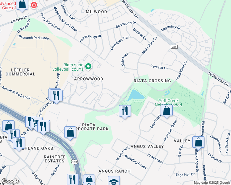 map of restaurants, bars, coffee shops, grocery stores, and more near 5700 Tapadera Trace Lane in Austin