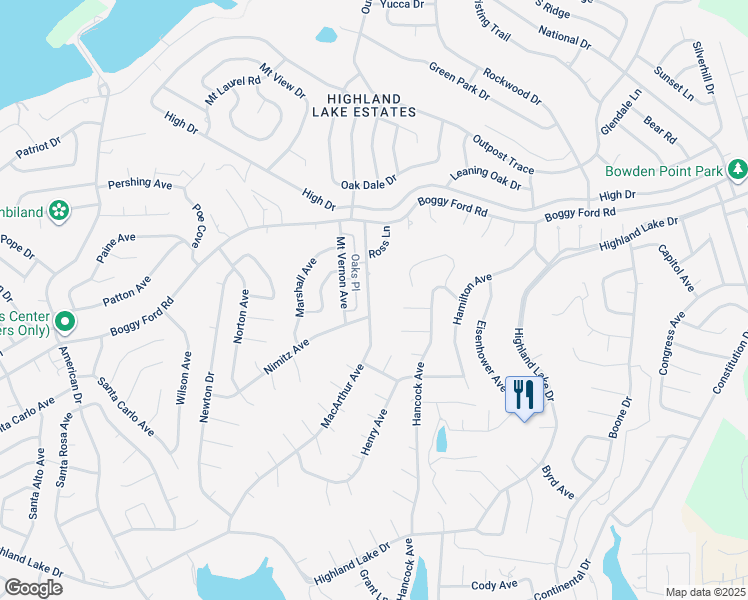 map of restaurants, bars, coffee shops, grocery stores, and more near 48 Oaks Place in Lago Vista