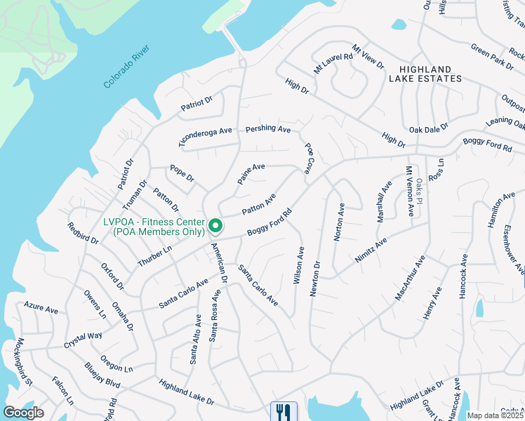 map of restaurants, bars, coffee shops, grocery stores, and more near 21500 Patton Avenue in Lago Vista