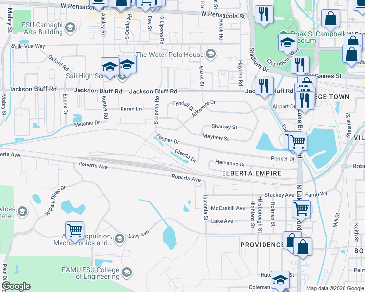 map of restaurants, bars, coffee shops, grocery stores, and more near 1718 Pepper Drive in Tallahassee