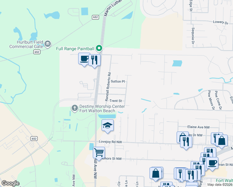 map of restaurants, bars, coffee shops, grocery stores, and more near 1618 Ella Ruth Drive in Fort Walton Beach