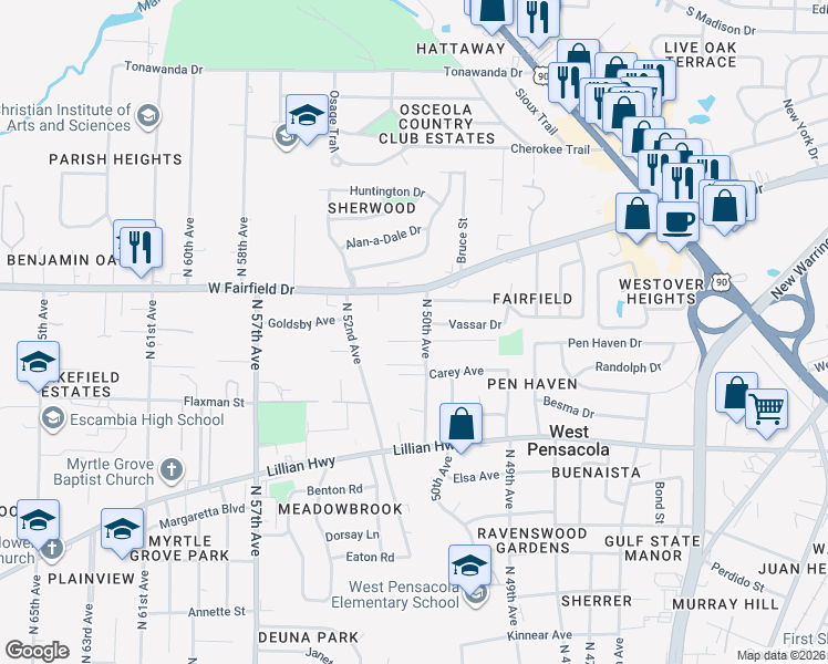 map of restaurants, bars, coffee shops, grocery stores, and more near 174 Vassar Drive in Pensacola
