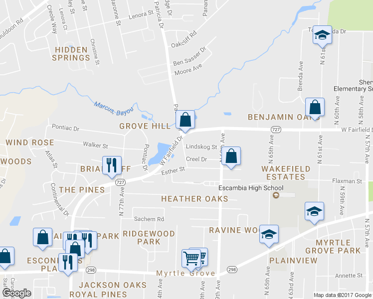 map of restaurants, bars, coffee shops, grocery stores, and more near 7107 Lindskog Street in Pensacola