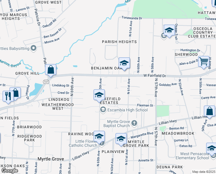 map of restaurants, bars, coffee shops, grocery stores, and more near 1500 North 65th Avenue in Pensacola
