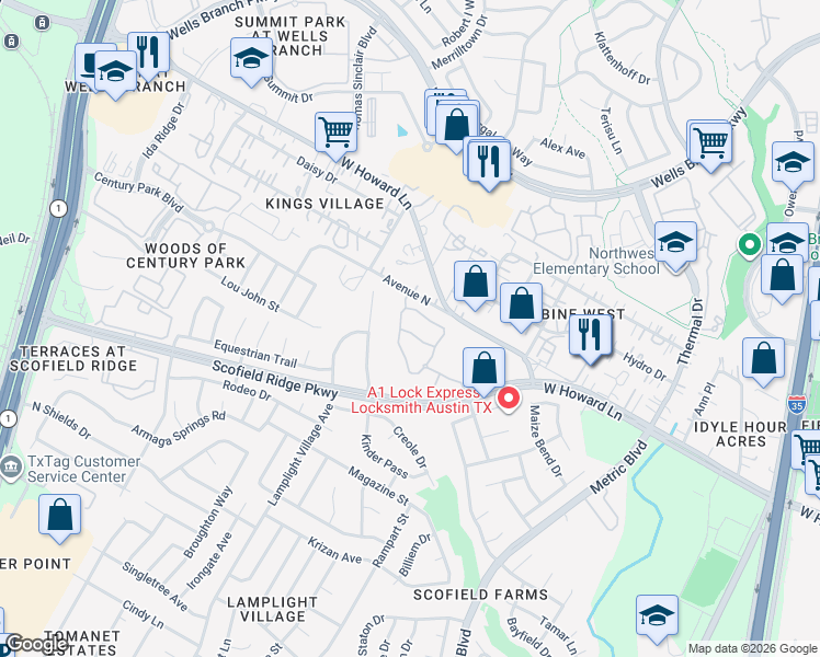 map of restaurants, bars, coffee shops, grocery stores, and more near 38 Crestline Drive in Austin