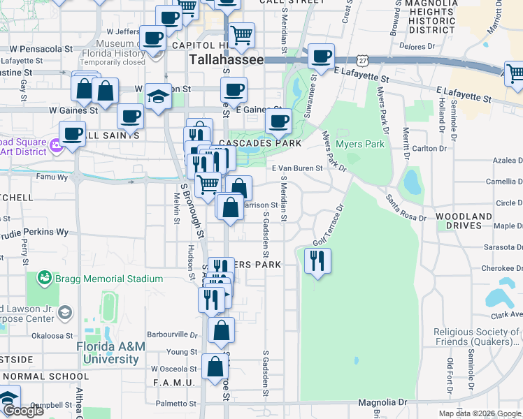 map of restaurants, bars, coffee shops, grocery stores, and more near 251 East Harrison Street in Tallahassee