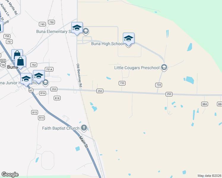 map of restaurants, bars, coffee shops, grocery stores, and more near 787 Farm to Market 253 in Buna