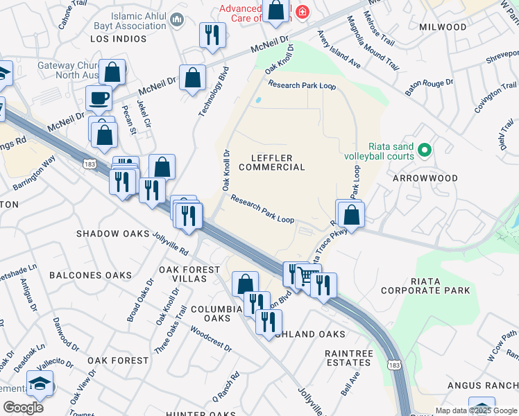 map of restaurants, bars, coffee shops, grocery stores, and more near Research Park Loop in Austin