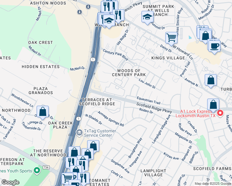 map of restaurants, bars, coffee shops, grocery stores, and more near 2600 Scofield Ridge Parkway in Austin