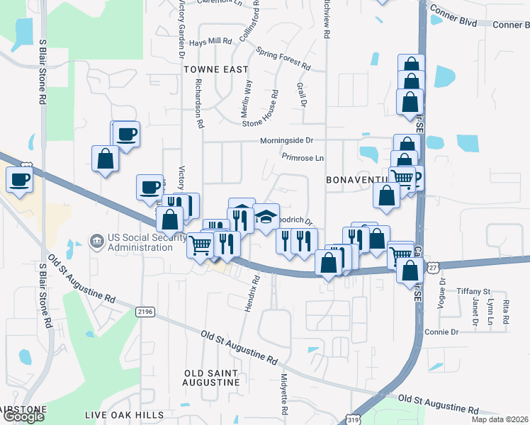 map of restaurants, bars, coffee shops, grocery stores, and more near 1225 Cross Creek Circle in Tallahassee