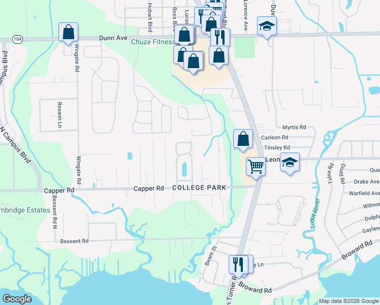 map of restaurants, bars, coffee shops, grocery stores, and more near 10648 Meadow Lea Circle in Jacksonville