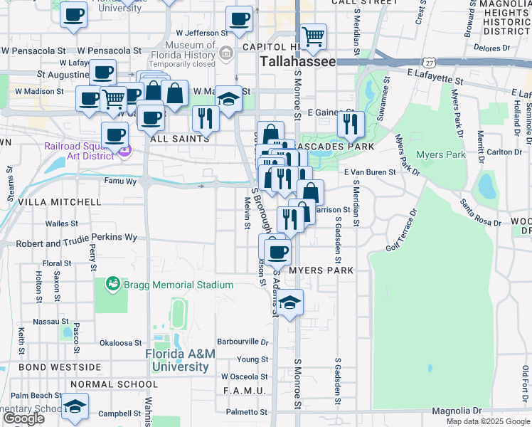 map of restaurants, bars, coffee shops, grocery stores, and more near 140 W Harrison St in Tallahassee
