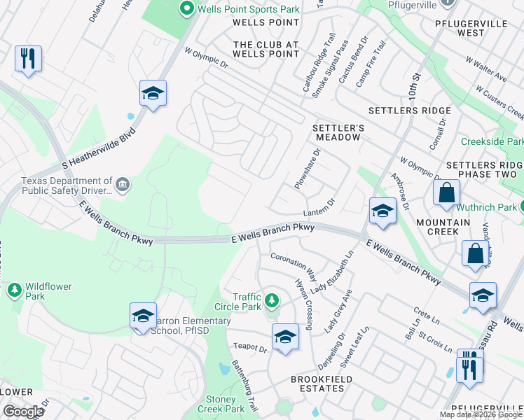 map of restaurants, bars, coffee shops, grocery stores, and more near 14621 Lantern Drive in Pflugerville