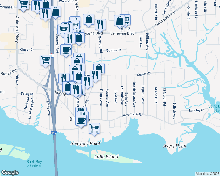 map of restaurants, bars, coffee shops, grocery stores, and more near 10079 Fournier Avenue in D'Iberville