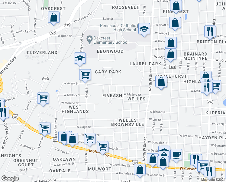 map of restaurants, bars, coffee shops, grocery stores, and more near 3304 West Mallory Street in Pensacola